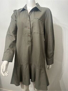 Ellen Tracy Olive Green Long Sleeve Shirt Dress with side pockets